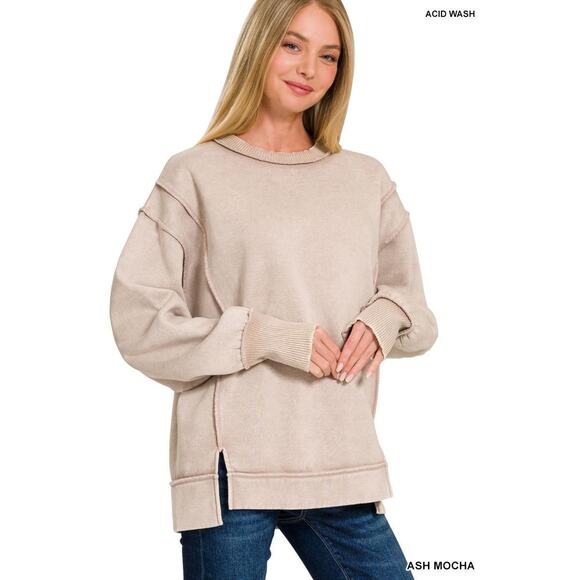 Zenana Acid wash exposed-seam fleece sweatshirt- ASH MOCHA - Picture 2 of 2